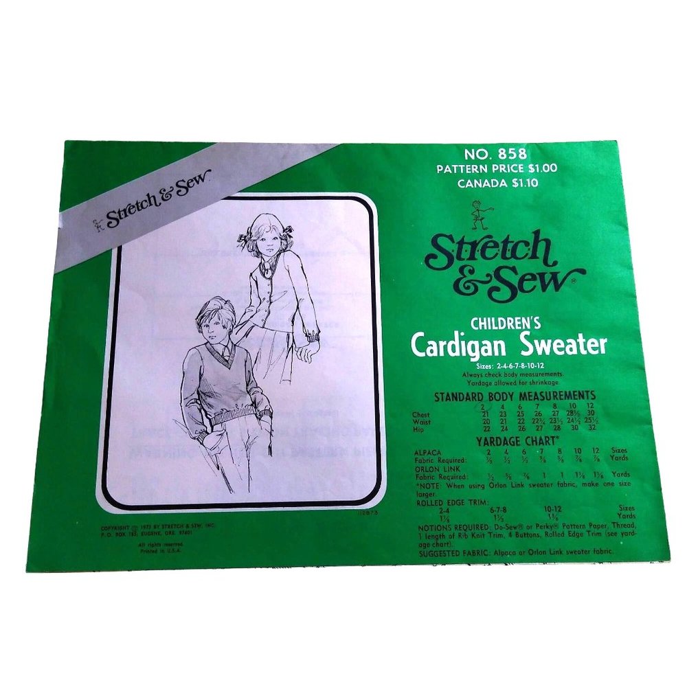 UNCUT Vintage Sewing PATTERN Stretch and Sew 858, Childrens 1973 Cardigan
